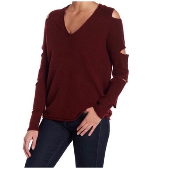 Skull Cashmere Tyrone Sleeve Cutouts Sweater V-Neck 100% Cashmere Burgundy Red - Picture 1 of 8